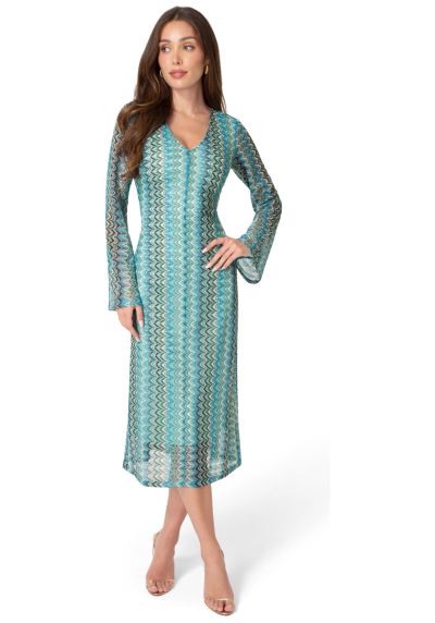 Bebe Women's Crochet Stripe Bell Sleeve Maxi Dress