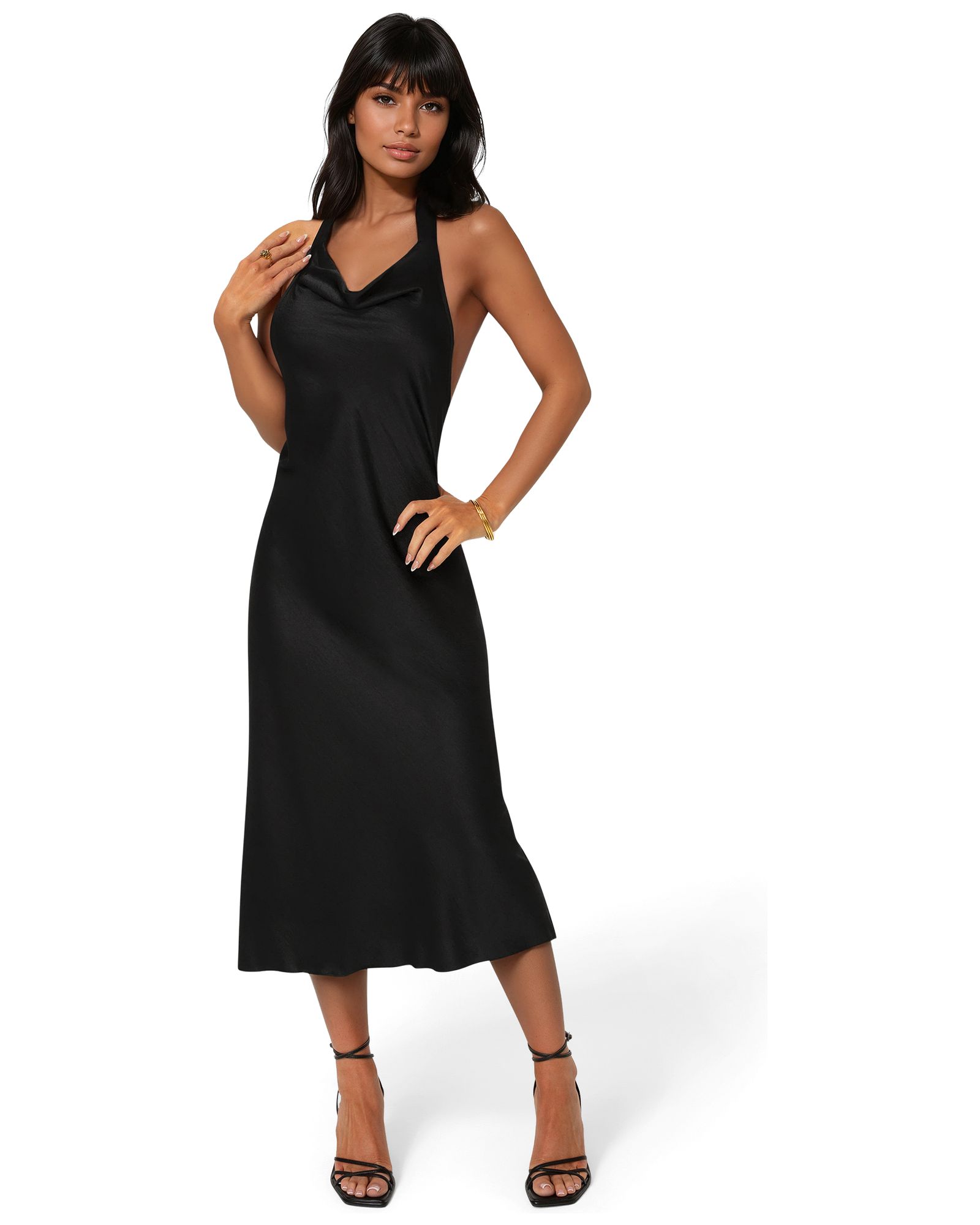 Bebe Women's Satin Halter Front Cowl Neck Midi Dress