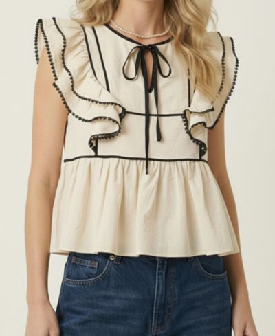 Modenaire Women's Ruffle-Sleeve Contrast-Trim Peplum Top