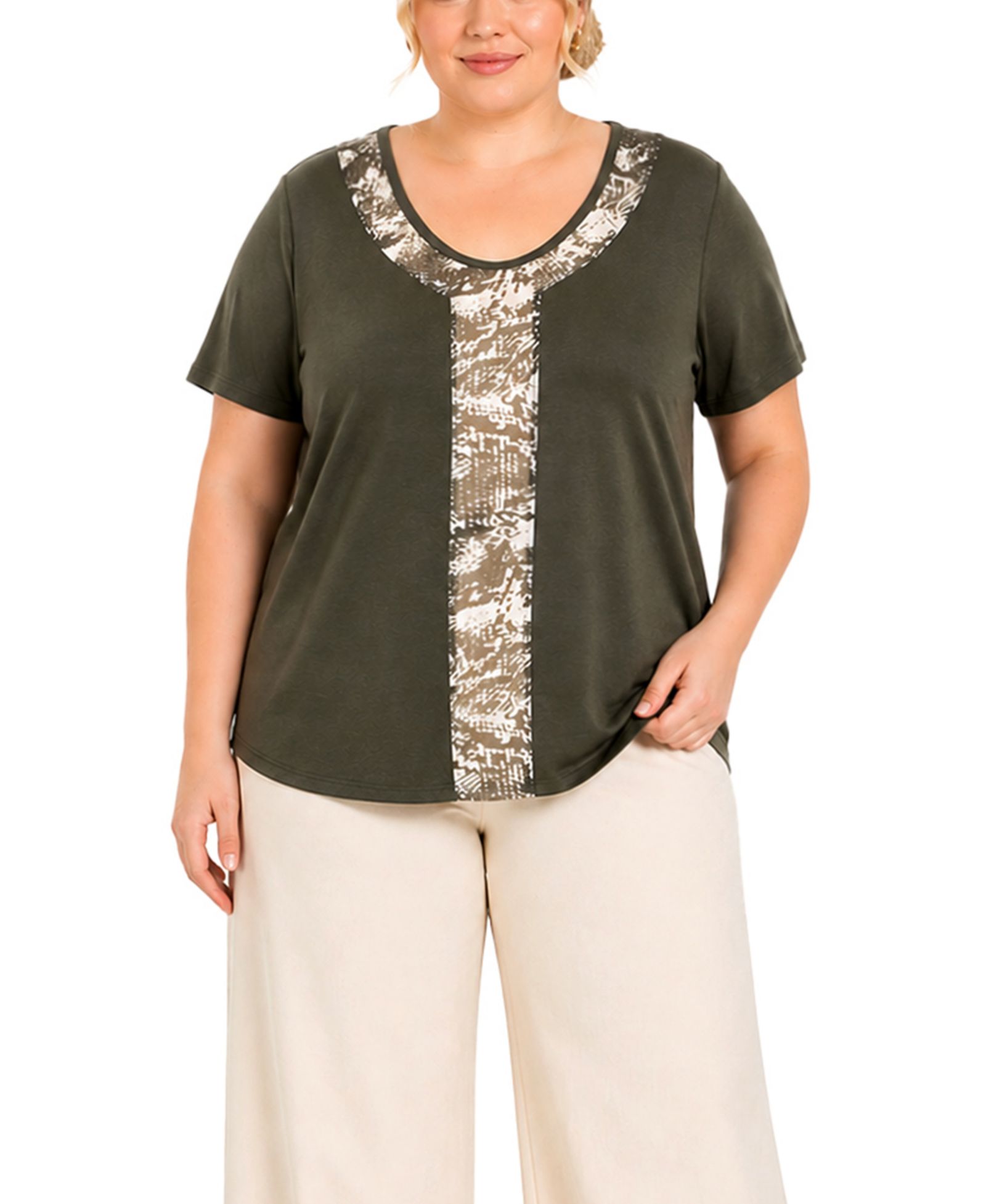 COIN 1804 Plus Size Python Mesh Inset Short-Sleeve Top