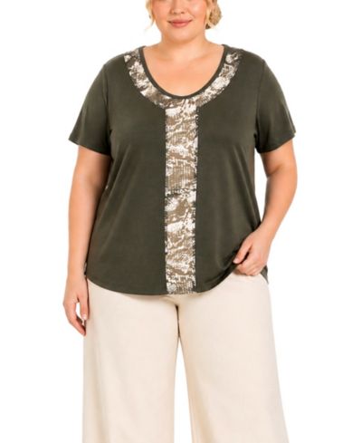 COIN 1804 Plus Size Python Mesh Inset Short-Sleeve Top