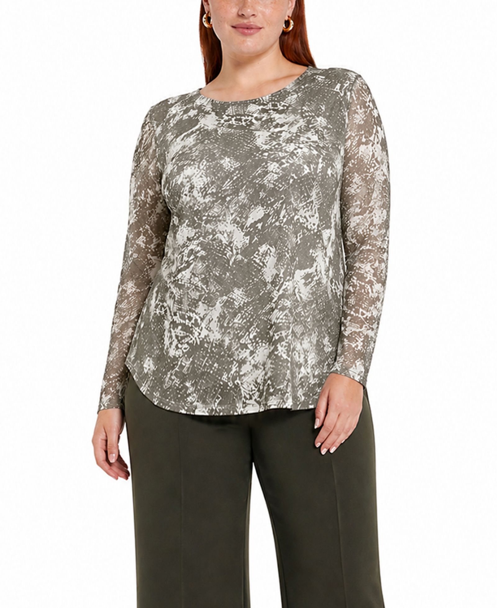 COIN 1804 Plus Size Python Mesh Scoop Neck Top