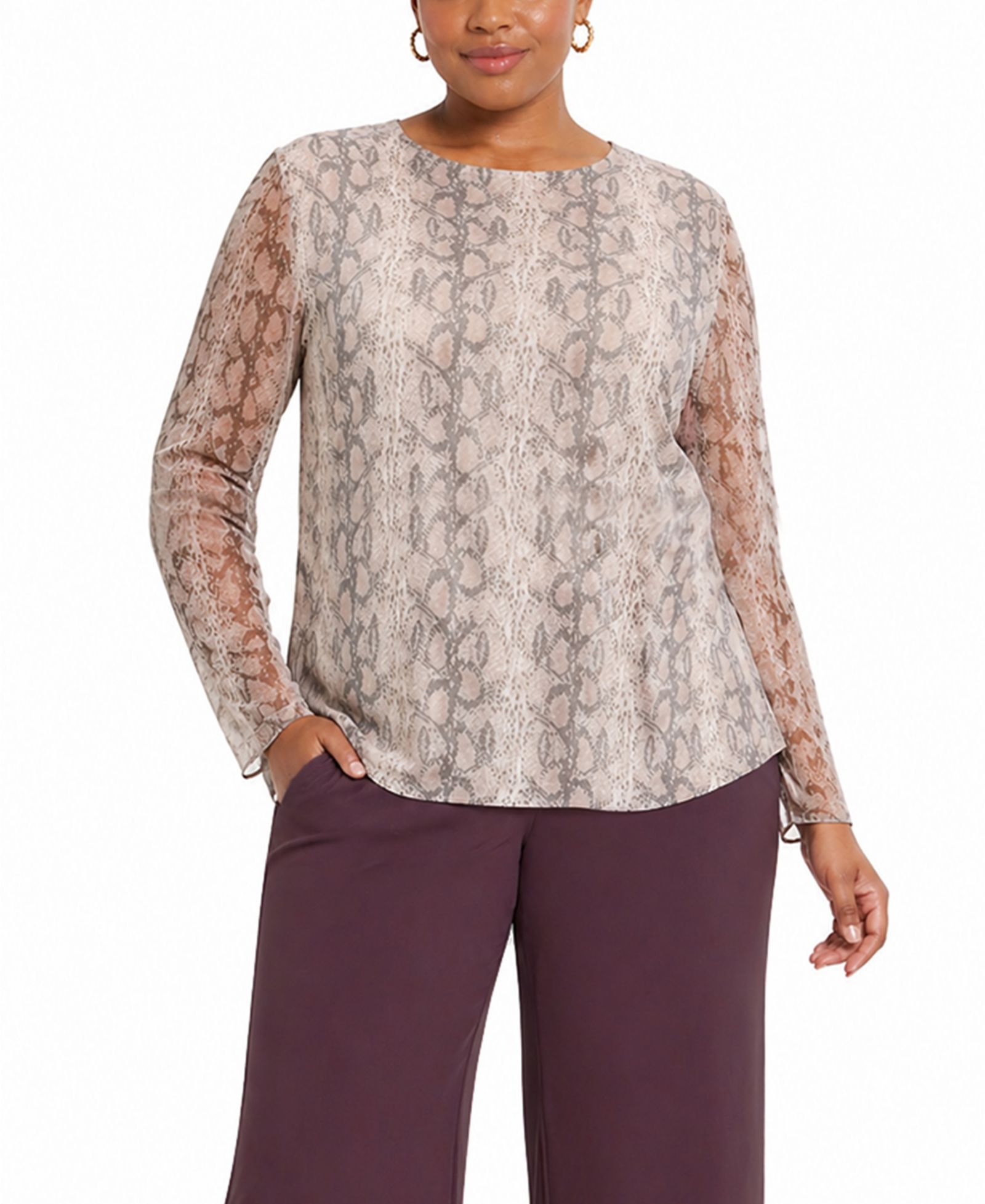 COIN 1804 Plus Size Python Mesh Long-Sleeve Top