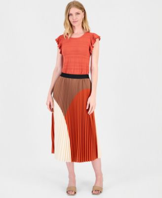T Tahari Women's Pleated Pull-On Midi Flare Skirt