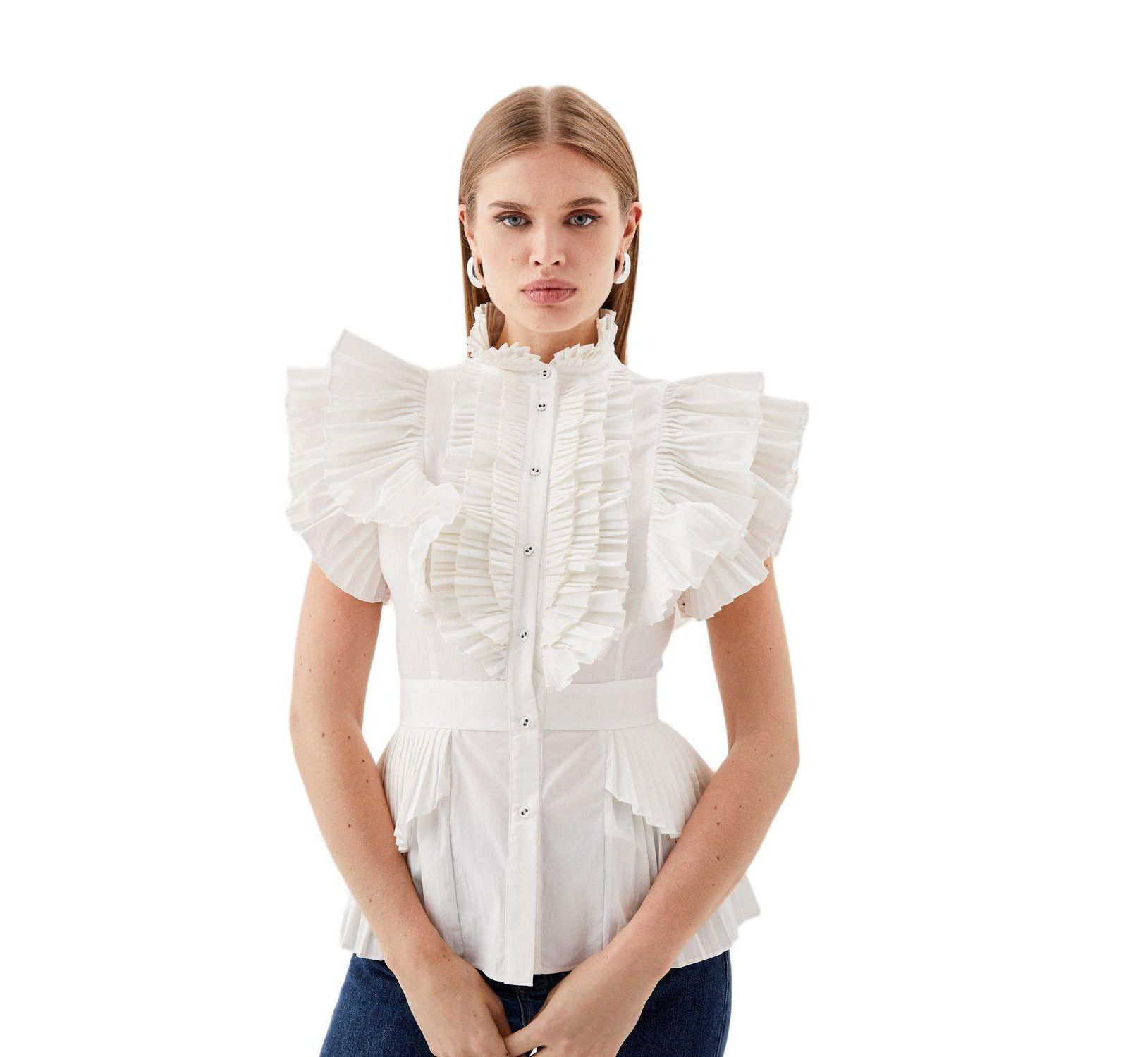Karen Millen Women's Sleeveless Pleated Ruffle Blouse