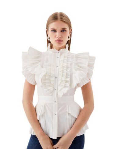 Karen Millen Women's Sleeveless Pleated Ruffle Blouse