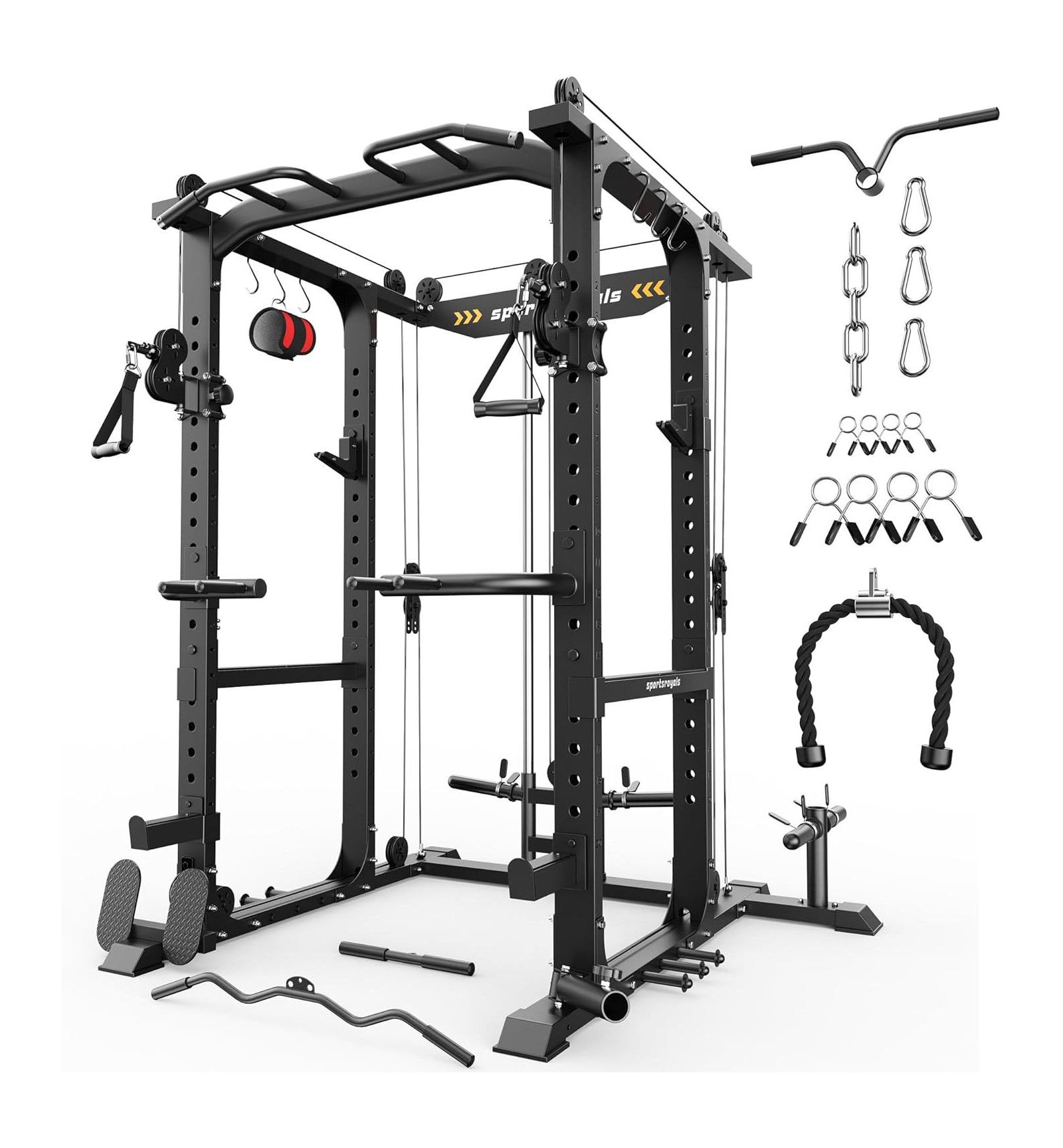 FED FITNESS 1600LBS Commercial Power Cage, Heavy-Duty Cable Crossover Squat Rack with Full Attachments, All-in-One Home Gym