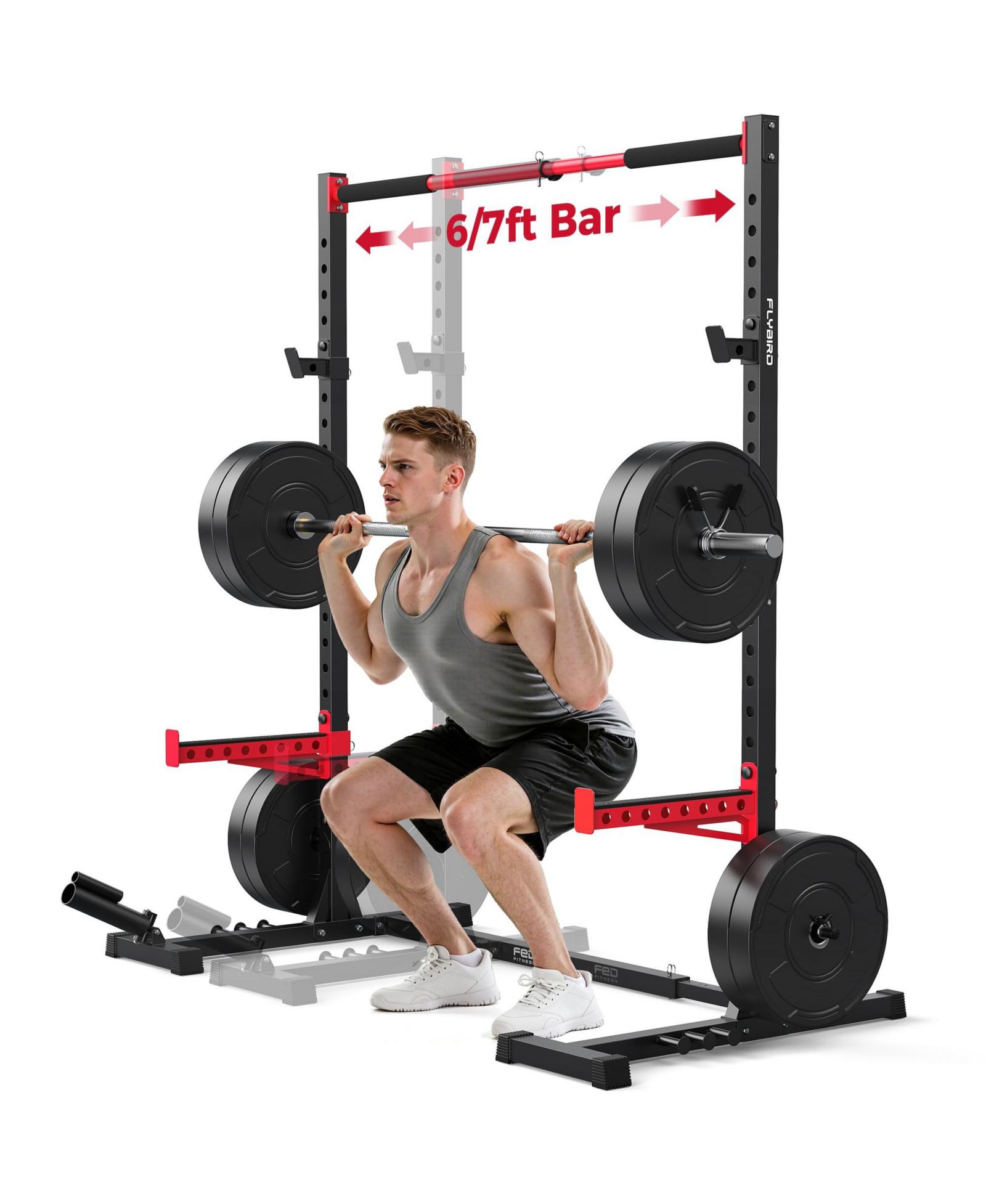 FED FITNESS Adjustable Squat Rack with Pull-Up Bar, Multi-Functional Power Rack Stand Fits 6FT/7FT Barbells, Home Gym Strength Training Equipment
