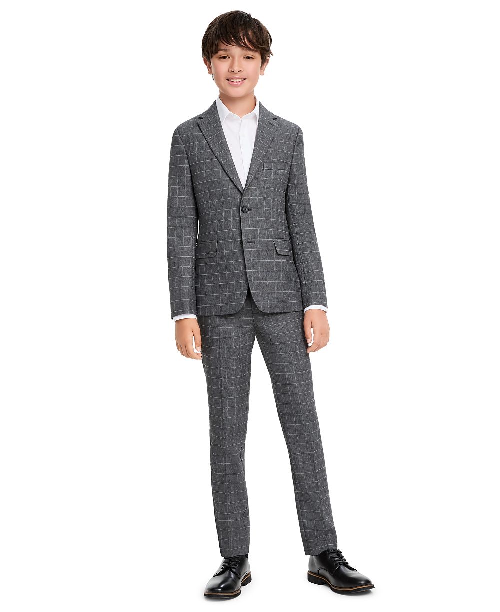 Kenneth Cole Reaction Boys' Windowpane Slim-Fit Single-Breasted Jacket and Pants, 2-Piece Set