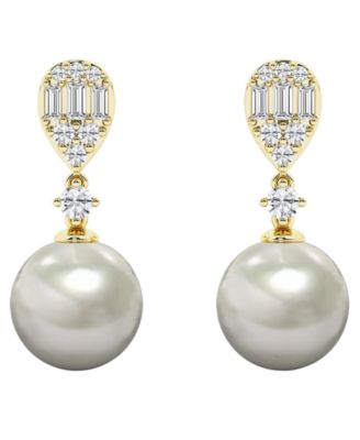 Macy's Cultured Freshwater Pearl (8-9mm) & Diamond Earrings in 14k Yellow Gold