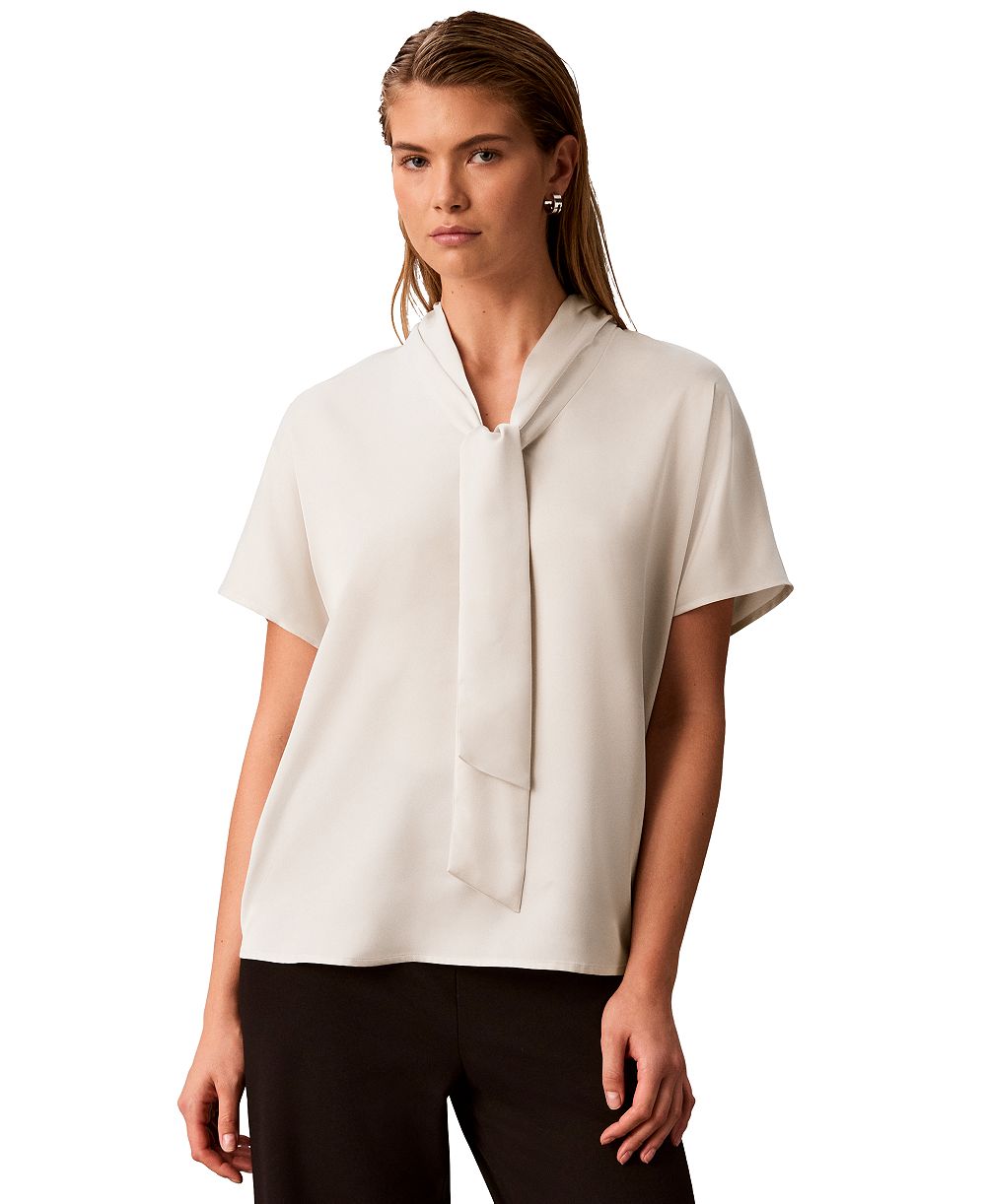 Calvin Klein Petite Matte Satin Tie-Neck Blouse