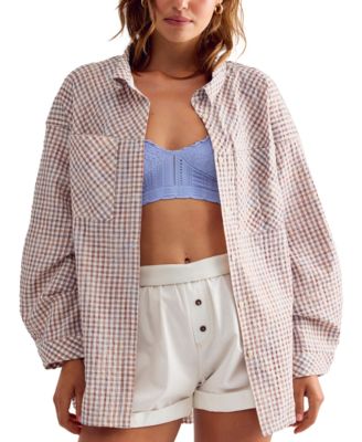 Free People Women's Cross My Heart Gingham Long-Sleeve Relaxed-Fit Sleep Shirt