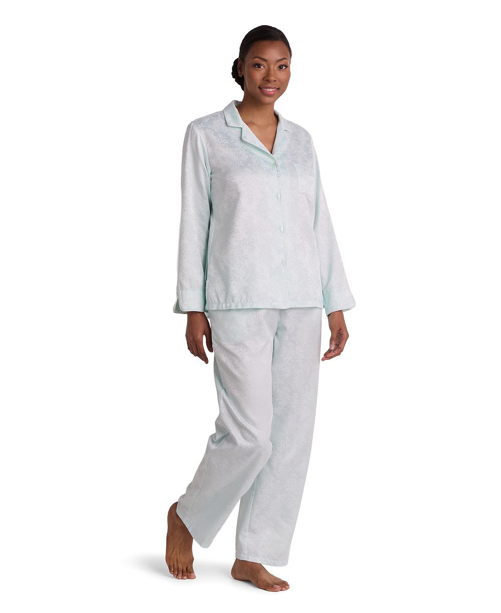 Miss Elaine Women's Petite Brushed Back Satin Long-Sleeve V-Neckline Pajama Set