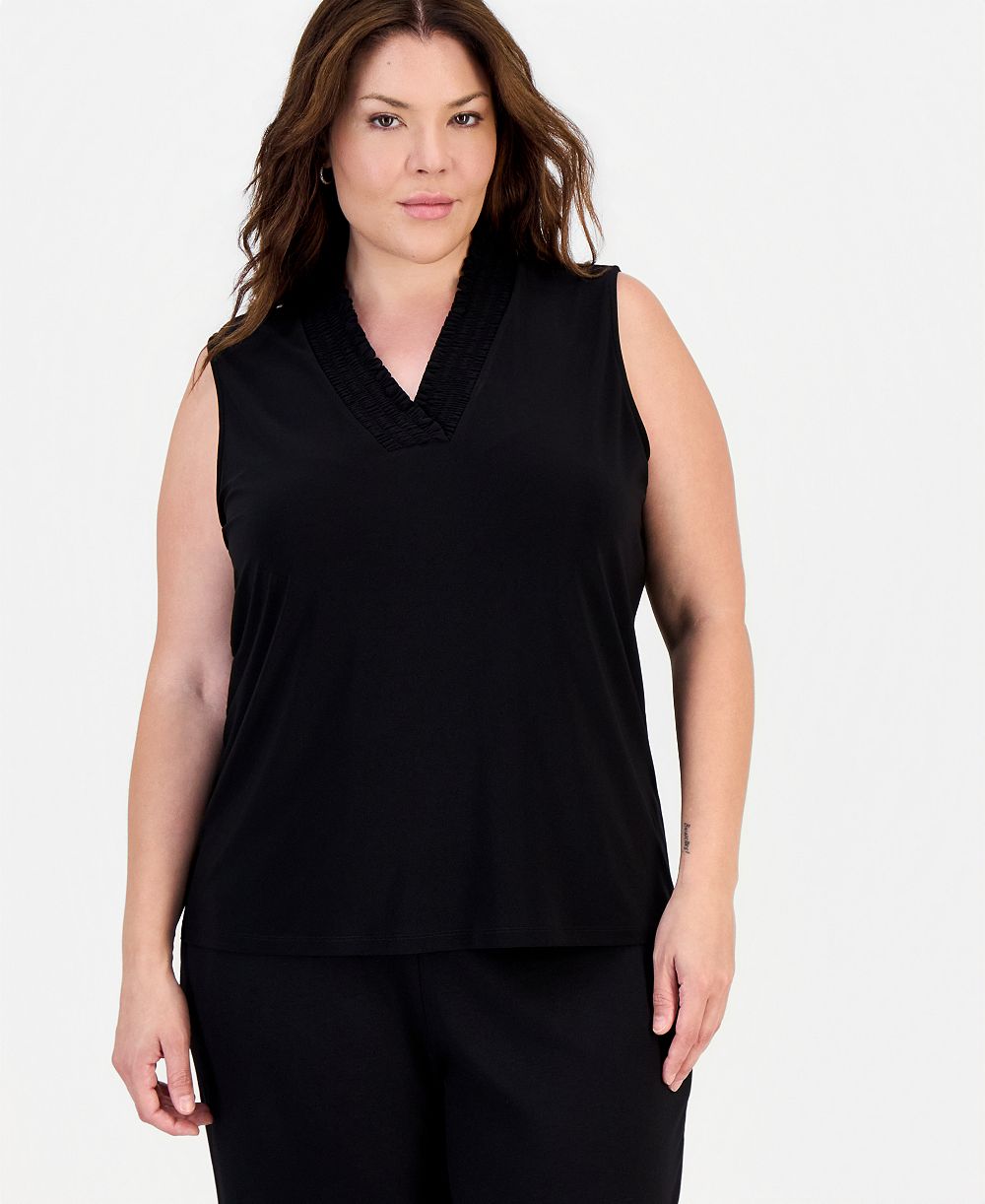 Топ Anne Klein Plus Size Smocked V-Neck Sleeveless