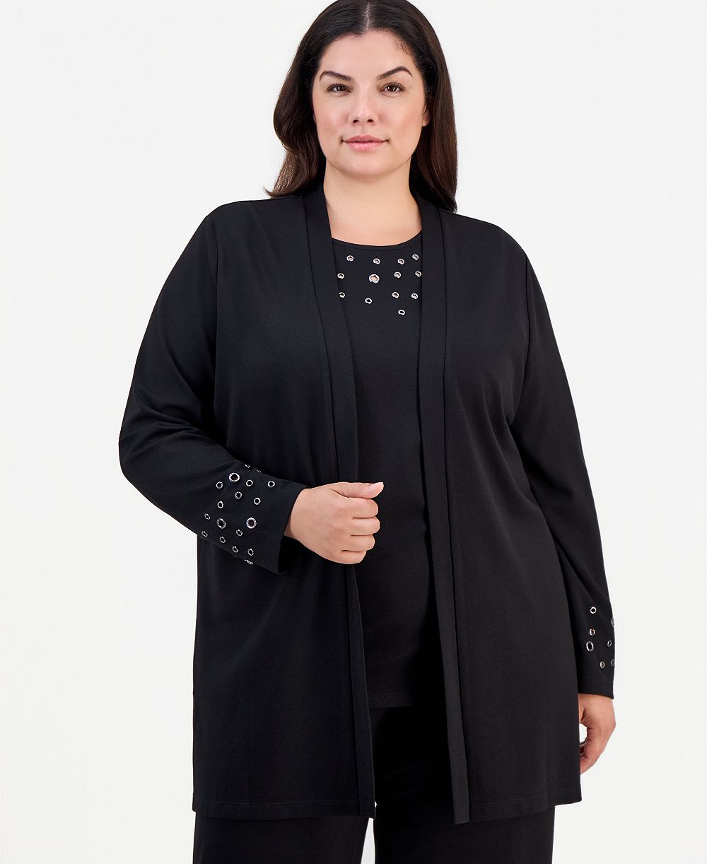 Anne Klein Plus Size Open-Front Grommet-Trim Cardigan