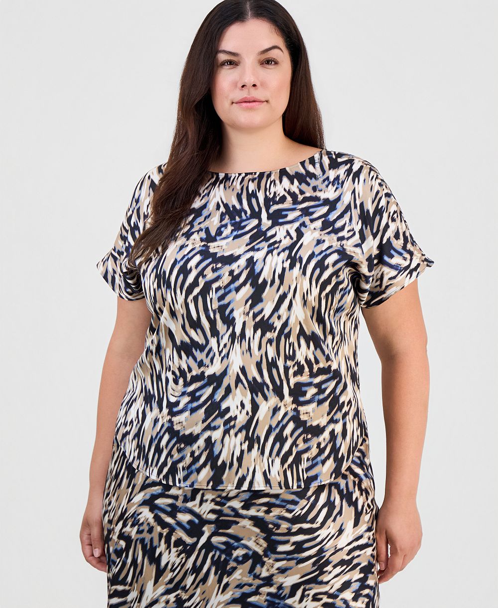 Anne Klein Plus Size Boat-Neck Short-Sleeve Top