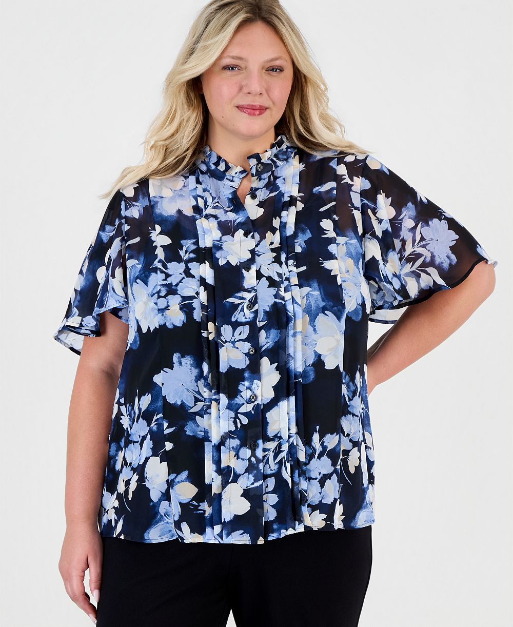 Блузка Anne Klein Plus Size Pleated-Placket Flutter-Sleeve
