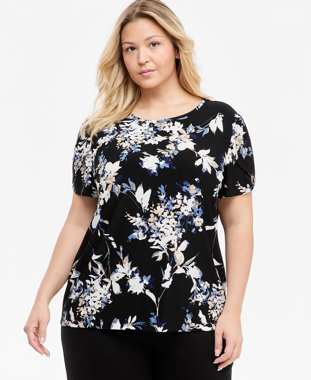 Anne Klein Essentials Plus Size Tuli Floral Tulip-Sleeve T-Shirt