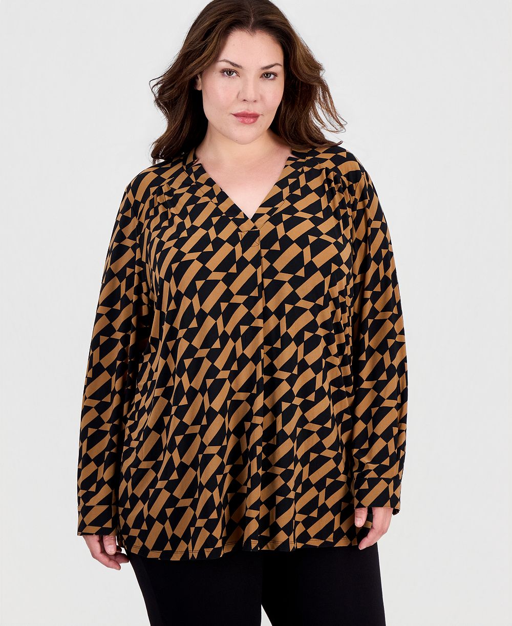 Anne Klein Essentials Plus Size Топ с V-образным вырезом и длинным рукавом
