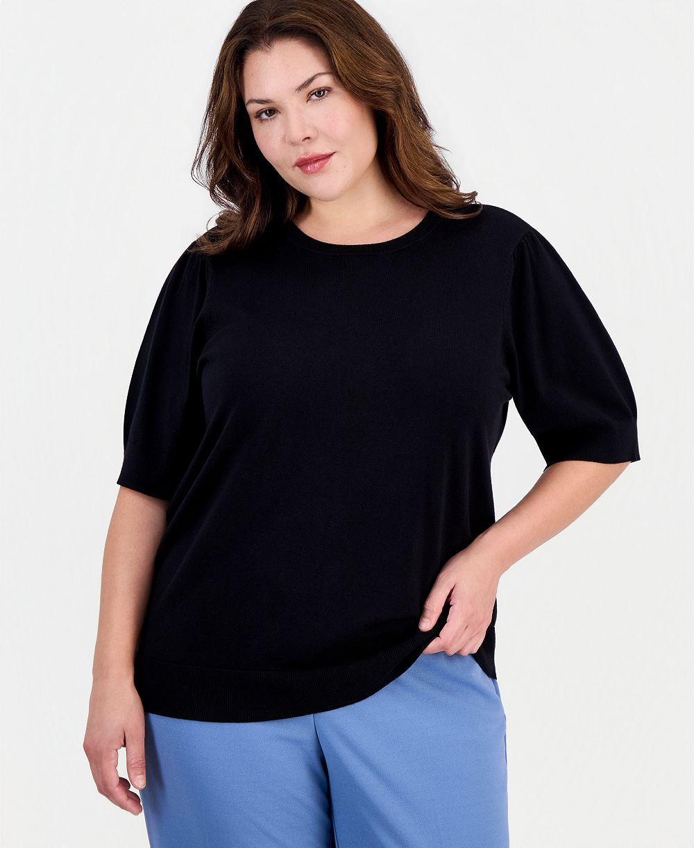 Anne Klein Essentials Plus Size Short Puff Sleeve Crewneck Sweater
