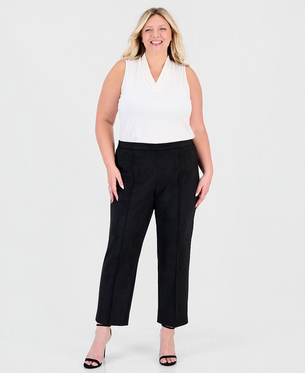 Anne Klein Essentials Plus Size Pull-On Pintuck Straight-Leg Scuba Suede Pants