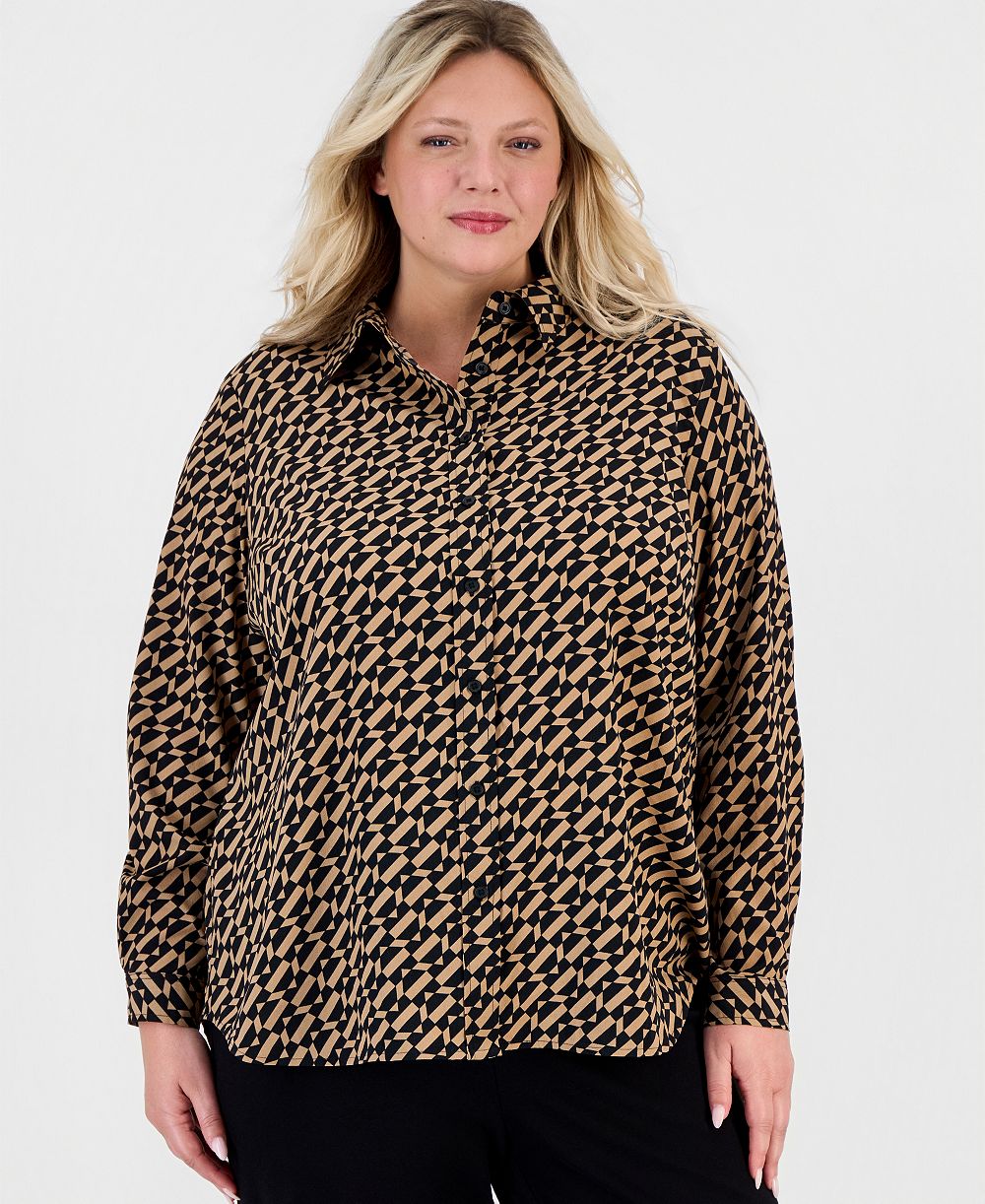 Anne Klein Essentials Plus Size рубашка с длинным рукавом и геометрическим принтом