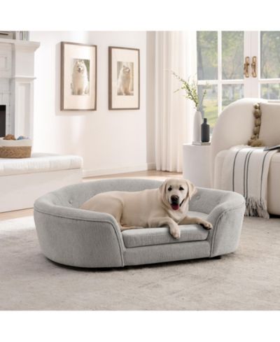 Clihome Modern Dog Bed Pet Sofa Oval Semi-Enclosed Dog Sofa Linen Soft Pet Couch