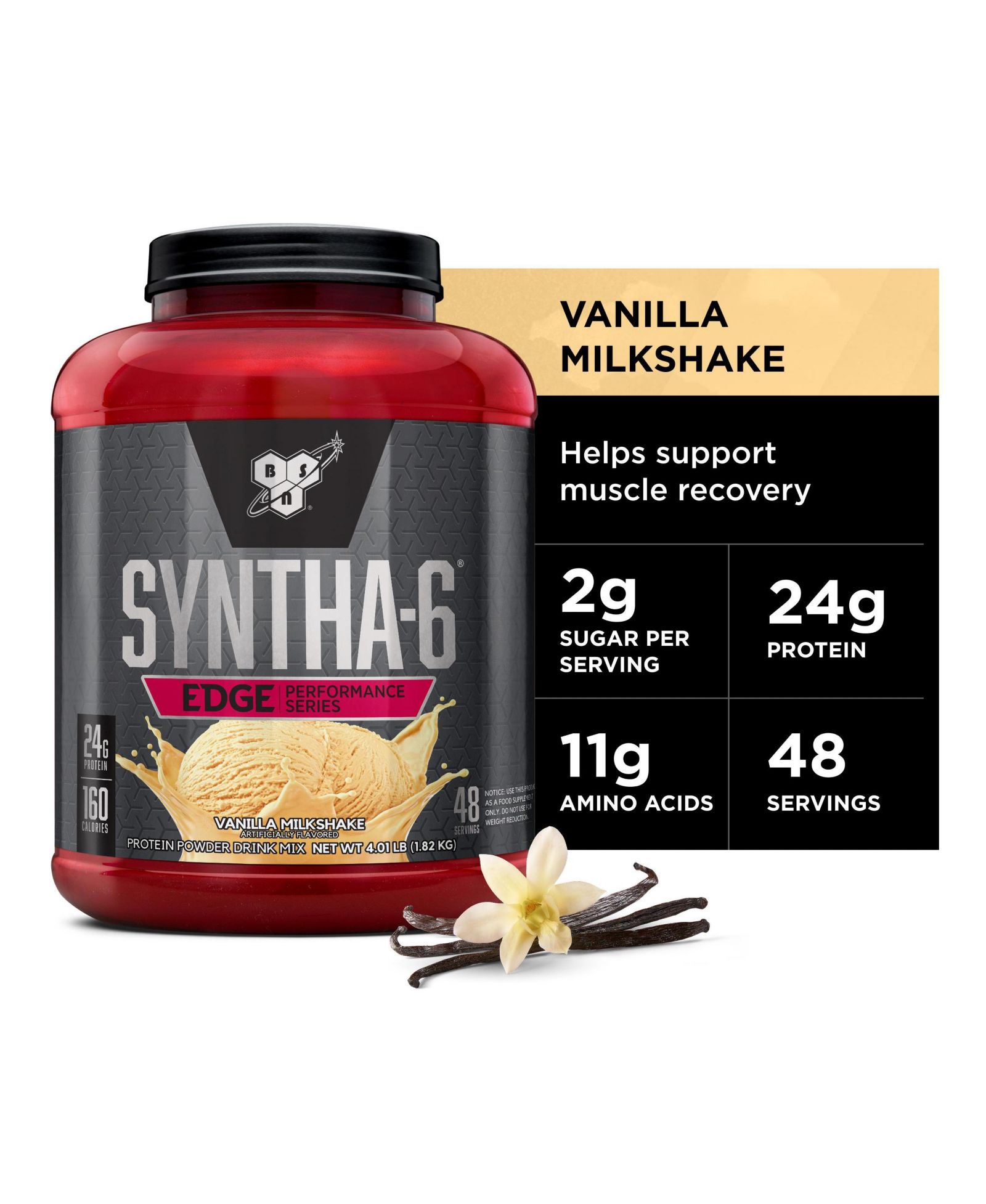 Glanbia: BSN 6 Edge Protein Powder,With Hydrolyzed Whey, Micellar Casein, Milk Protein Isolate, Low Sugar, 24g Protein, Vanilla Milkshake, 48 Servings