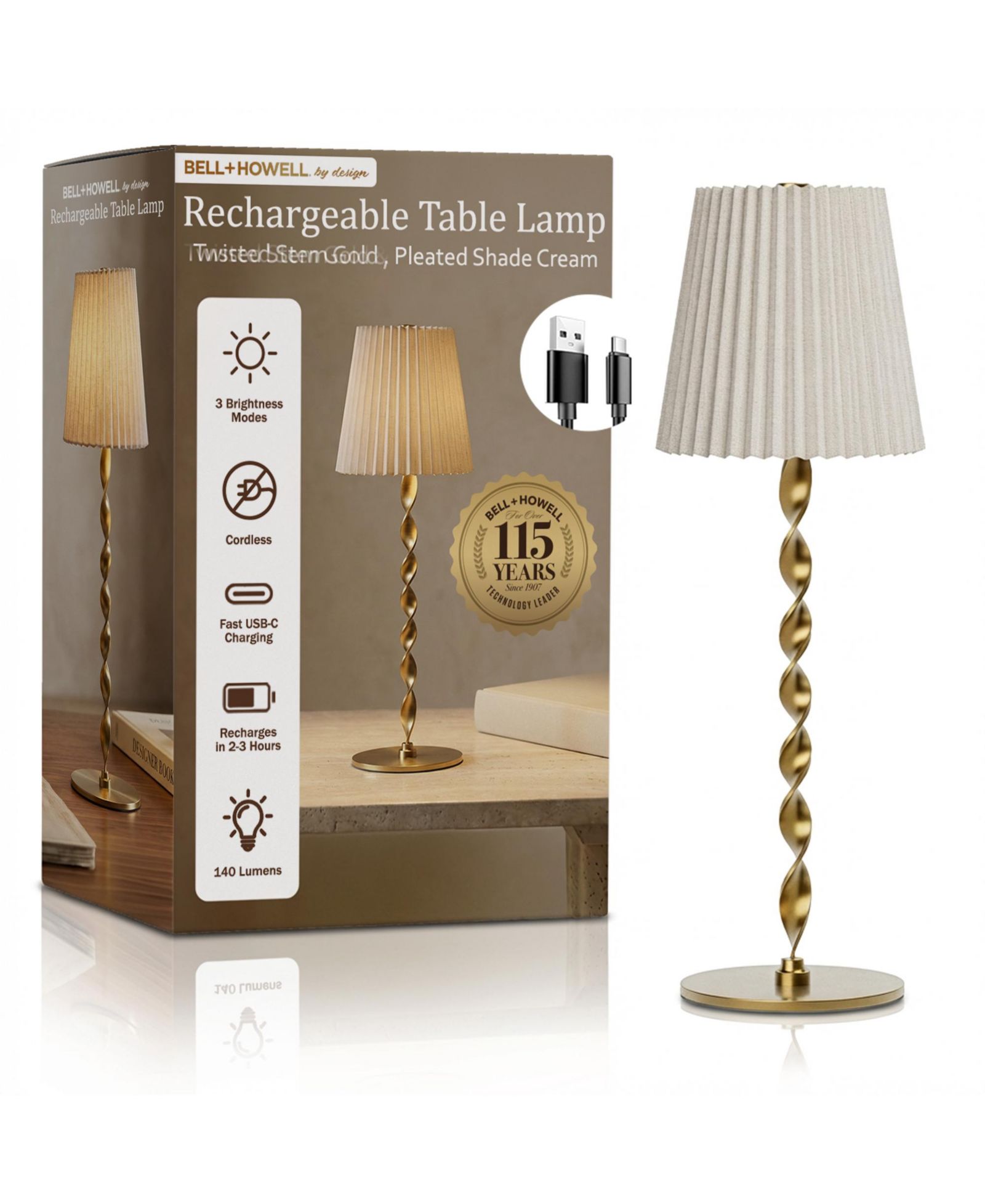 Bell + Howell Twisted Stem Pleated Shade Rechargeable Touch Control LED Dimmable Cordless Table Lamp