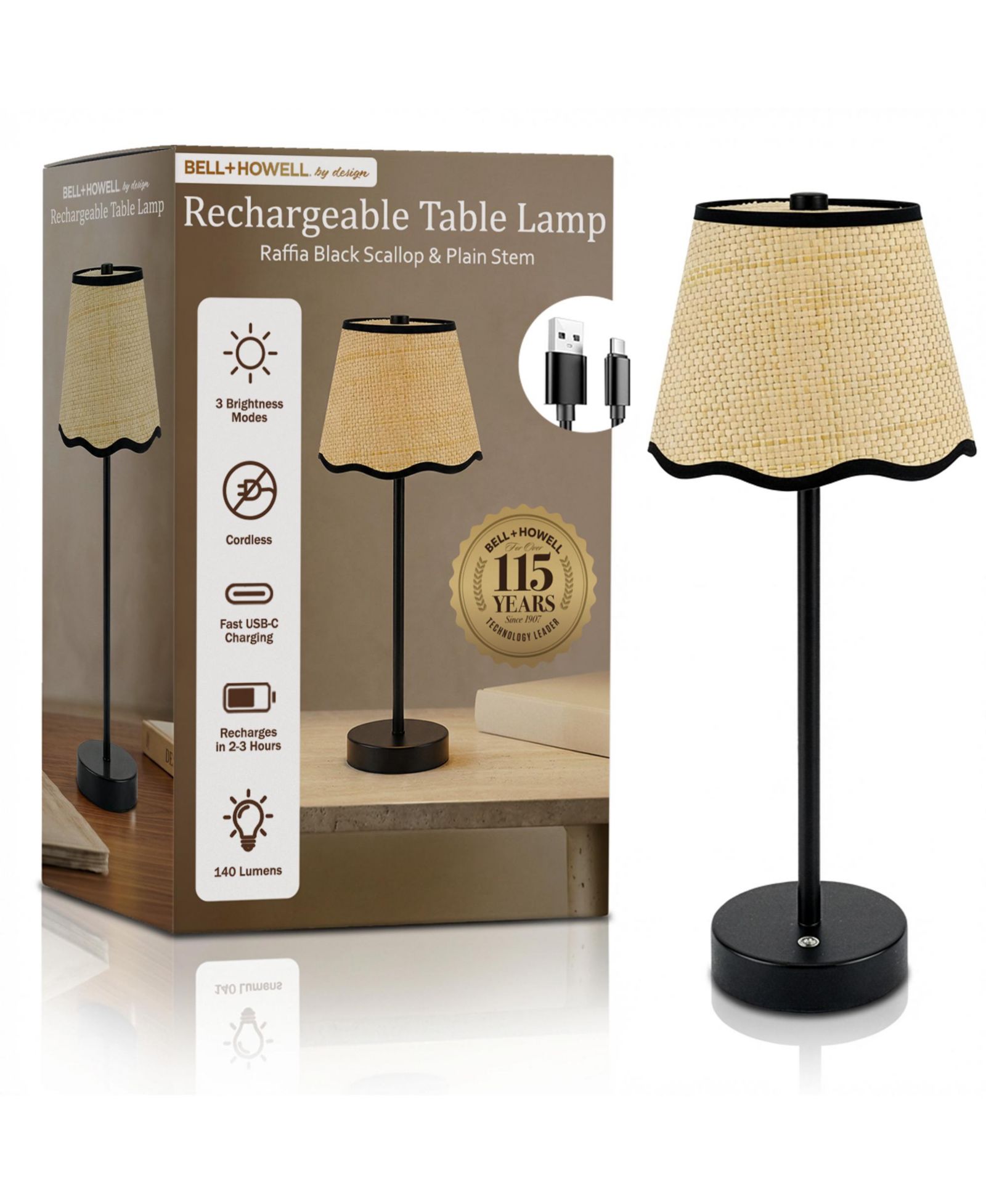 Bell + Howell Raffia Scallop Shade Plain Stem Rechargeable Touch Control LED Dimmable Cordless Table Lamp