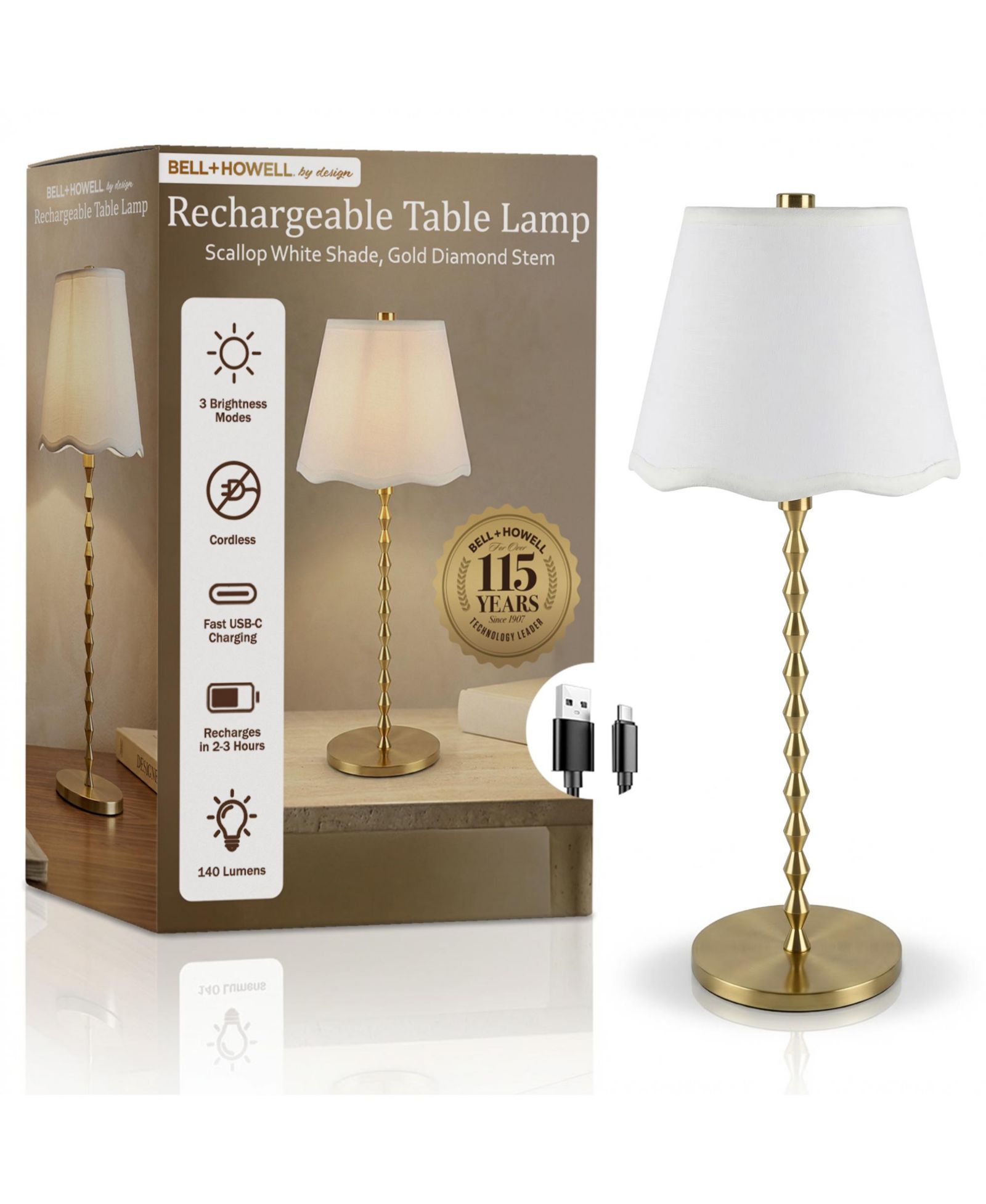Bell + Howell Stem Scallop Shade Rechargeable Touch Control LED Dimmable Cordless Table Lamp