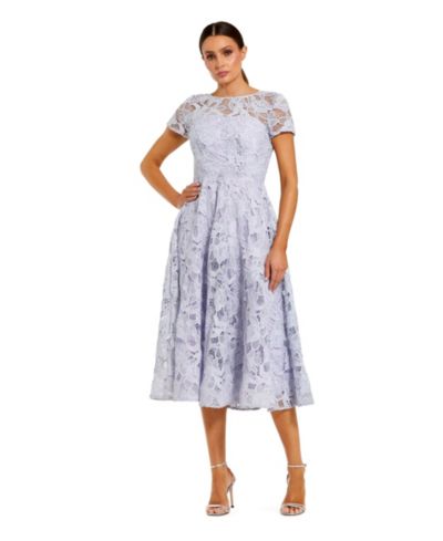 Mac Duggal Women's Elegant Lace A-Line Midi Dress with Bow Detail