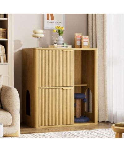 Streamdale Furniture 31.5" Light Wood Cat Litter Cabinet with Cat Tree and Storage Shelves