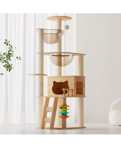 Streamdale Furniture 59" Modern Wood Cat Tower with Sisal Scratching Posts and Acrylic Hammock