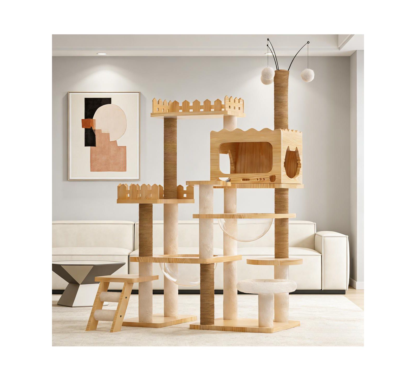 Streamdale Furniture 66.9" Modern Wood Cat Tree with Sisal Scratching Posts and Acrylic Hammock