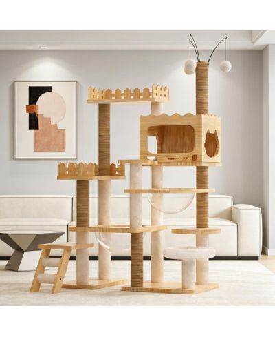 Streamdale Furniture 66.9" Modern Wood Cat Tree with Sisal Scratching Posts and Acrylic Hammock