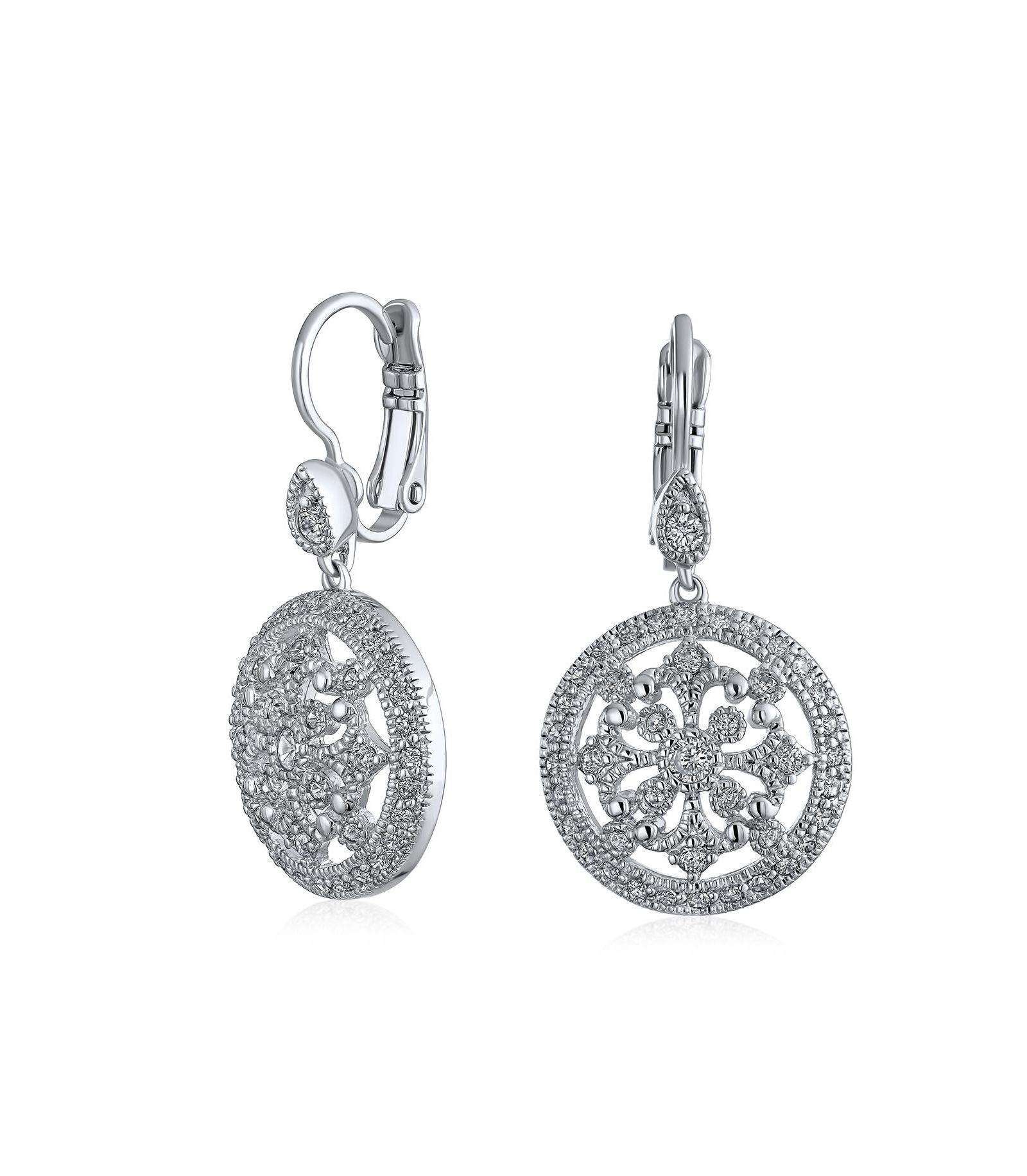 Серьги Bling Jewelry Vintage Style Bridal Round Medallion Cubic Zirconia CZ Dangle Statement Silver Plated
