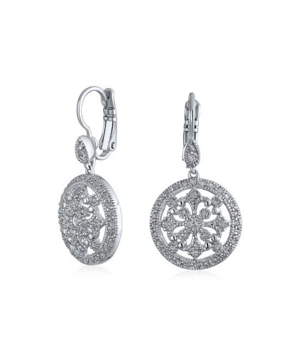Серьги Bling Jewelry Vintage Style Bridal Round Medallion Cubic Zirconia CZ Dangle Statement Silver Plated
