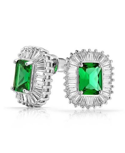 Bling Jewelry Art Deco Style Cocktail Cubic Zirconia CZ Baguette Halo Emerald Green Cut Statement Stud Earrings