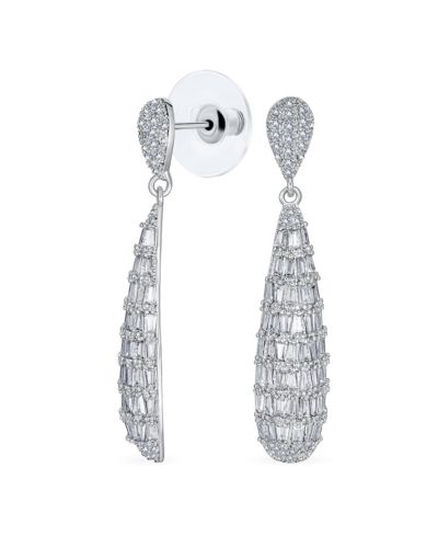 Bling Jewelry Bridal Cubic Zirconia Pave CZ Elongated Teardrop Statement Chandelier Earrings Silver Plated