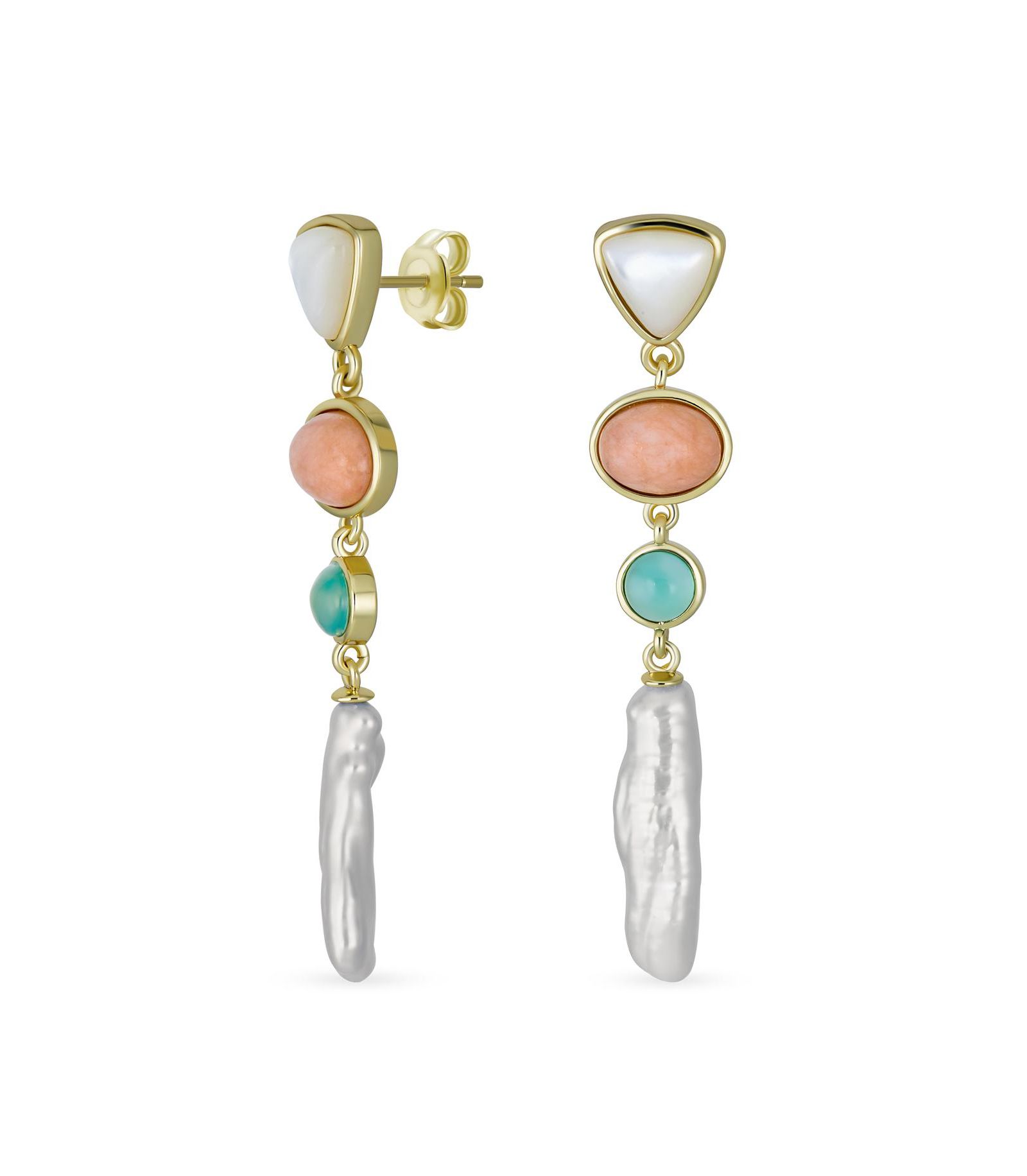 Bling Jewelry Multicolor Gemstone Freshwater Cultured Baroque Pearl Elongated Dangle Earrings