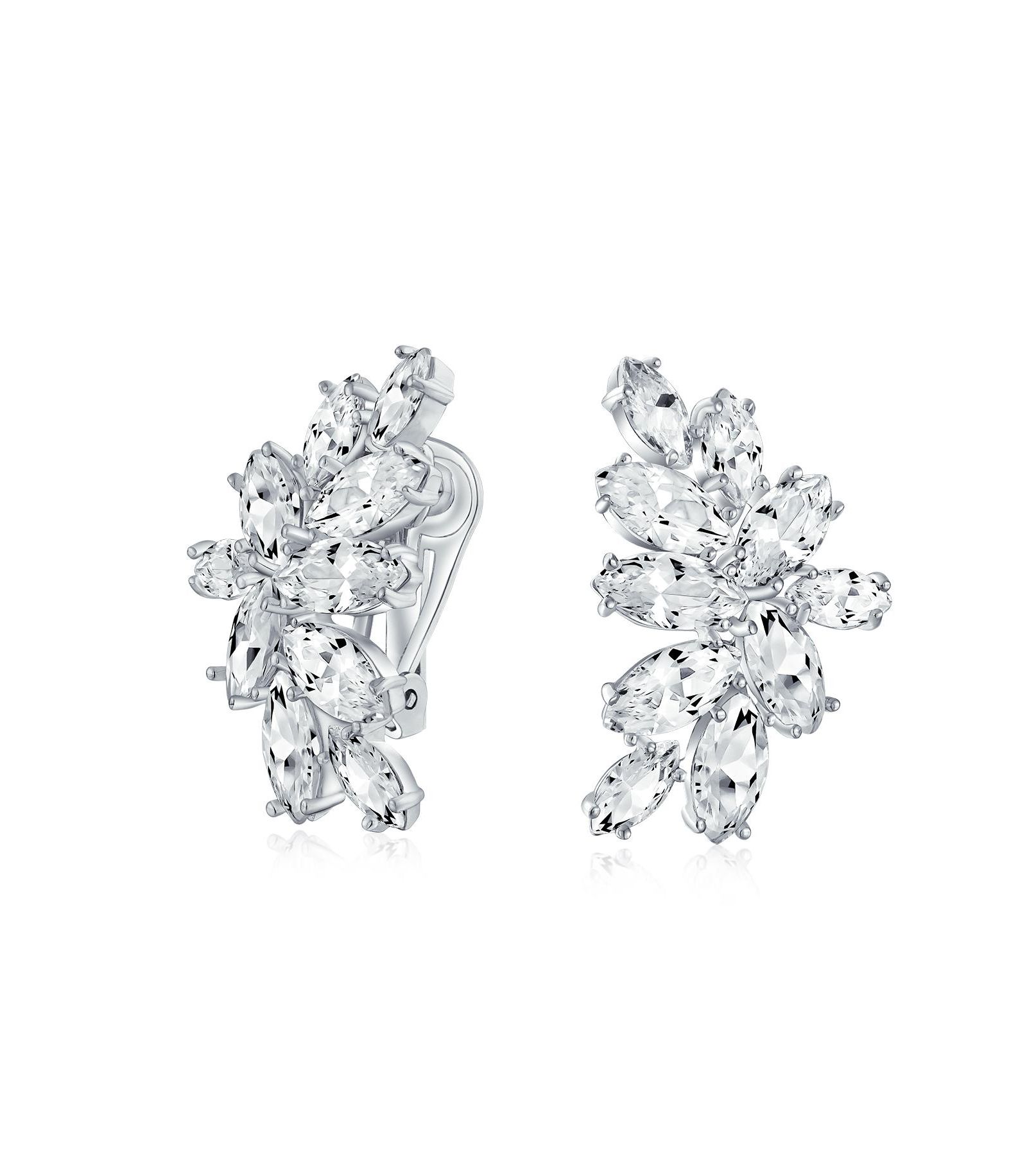 Серьги Bling Jewelry Cocktail Marquise Cubic Zirconia CZ Clusters Leaf Clip On, серебреного цвета