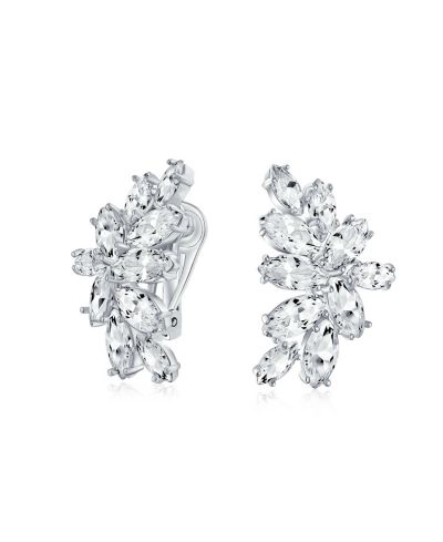 Серьги Bling Jewelry Cocktail Marquise Cubic Zirconia CZ Clusters Leaf Clip On, серебреного цвета