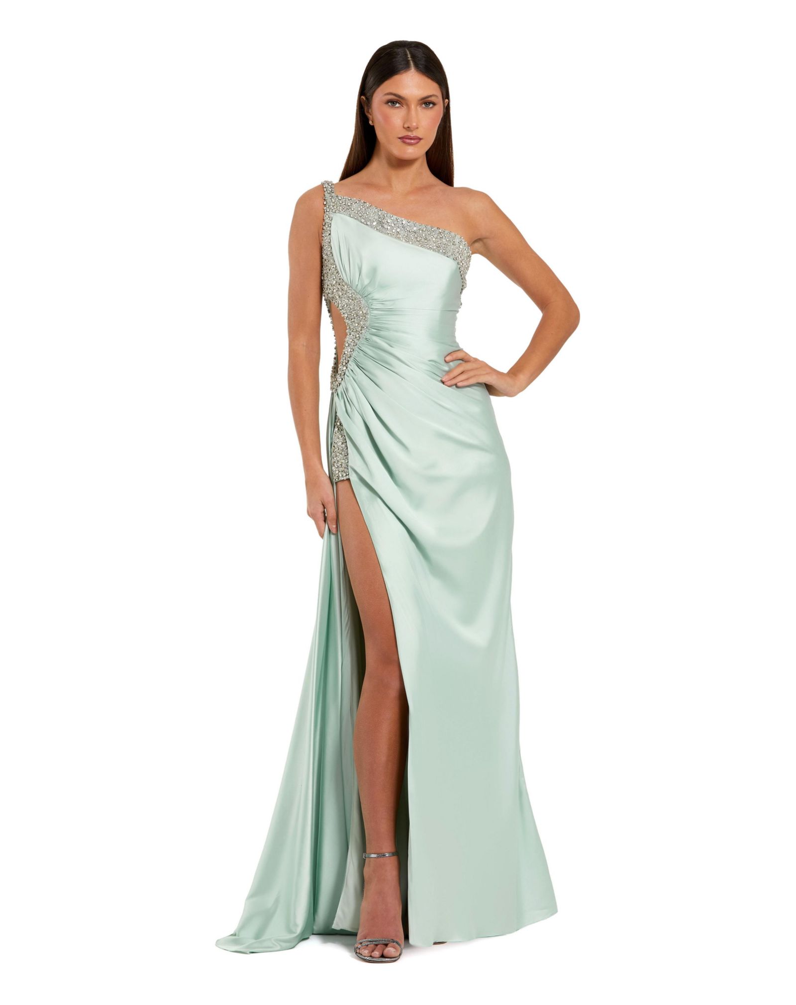 Mac Duggal Women's Ruched One Shoulder Side Cutout Embellished Satin Gown
