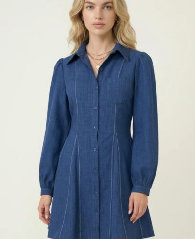 Modenaire Women's Long-Sleeve Denim Contrast-Stitch Shirt Dress