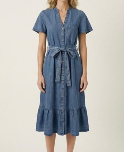 Modenaire Women's Belted Denim Midi Shirt Dress With Ruffle Hem