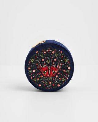 Fable England Women's Butterfly Velvet Embroidered Circle Jewellery Box