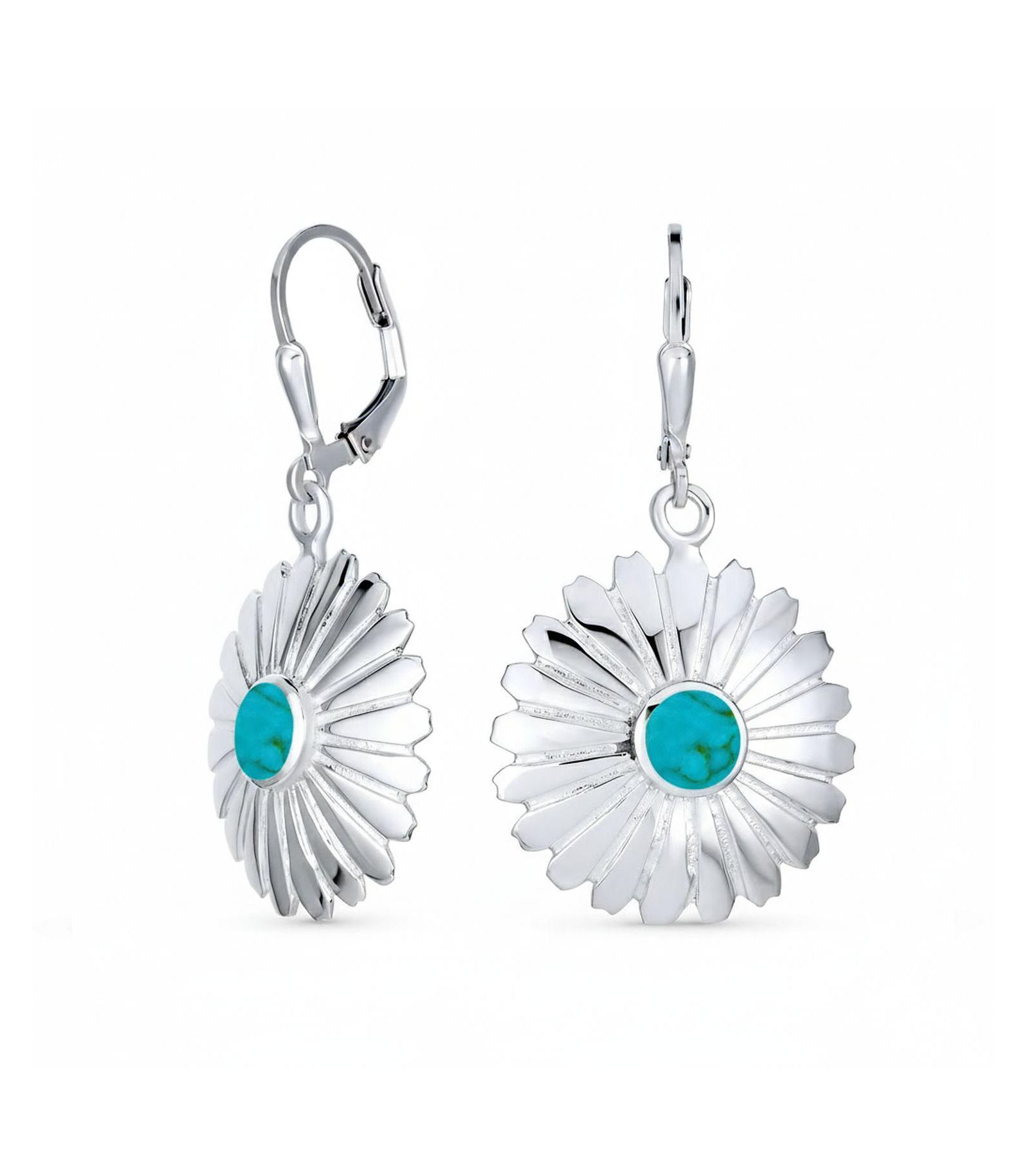 Bling Jewelry Western Style Natural Turquoise Dangle Flower Medallion Earrings .925 Sterling Silver Leverback