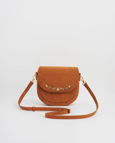 Fable England Women's Floral Faux Suede Embroidered Saddle Bag