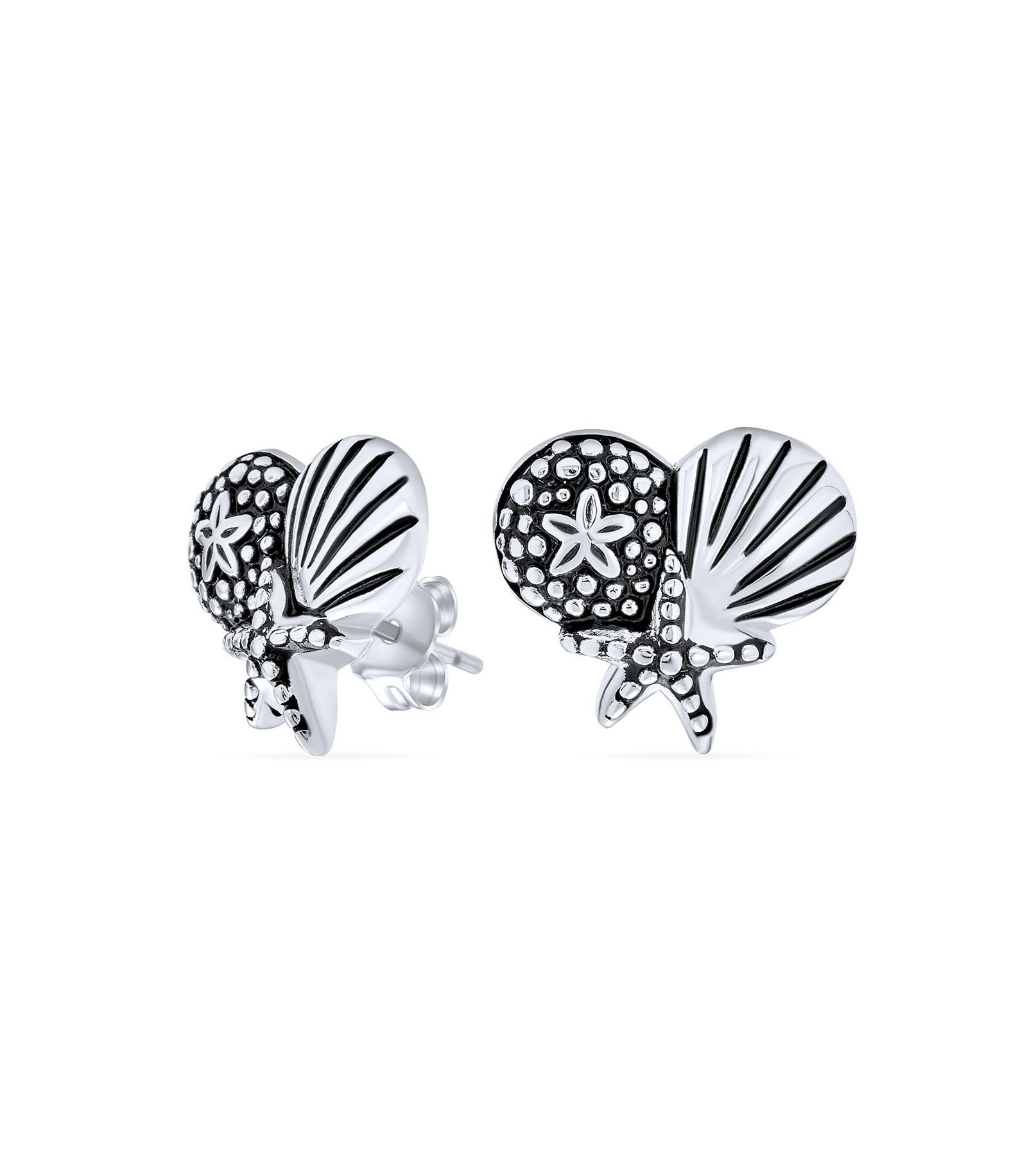 Bling Jewelry Tropical Vacation Beach Escape Sand Dollar Starfish Seashell Stud Earrings .925 Sterling Silver